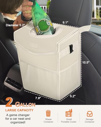 Image of Pritent Car Trash Can with Lid, Cute Leakproof Car Trash Garbage Bag Hanging Vehicle Trash Bin Small Portable Automotive Garbage Cans Organizer for Back /Front Seat(Trapezoid,Ivory