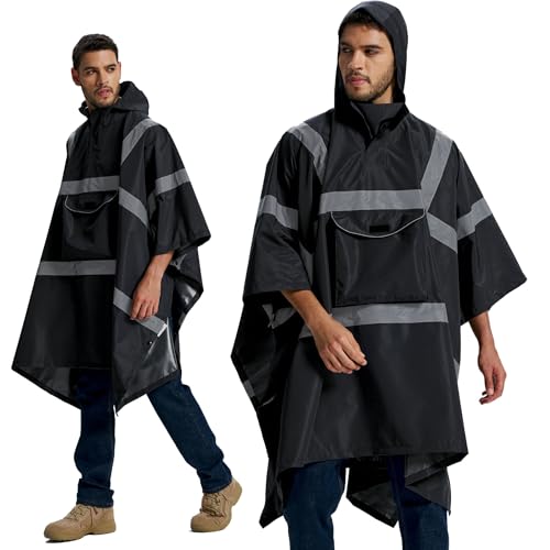 SRsafety Hi Vis Rain Poncho,High Visibility Rain Ponchos for Adults with Pocket,Safety Rain Jacket Stowable Conjoined Cap (black)