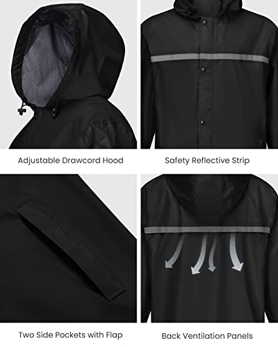 Axesquin Mens Long Raincoat With Hood Waterproof Rain Coats Lightweight Packable Outdoor Rain Jacket Rainwear Black L #TOP4