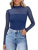 Club Outfits for Women Sexy Clubwear Long Sleeve Mesh Shirts Mock Turtle Necks Going Out Tops Fashion Winter Clothing XL Navy Blue
