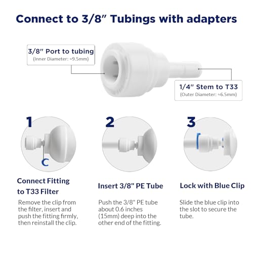 Image of Membrane Solutions 1 /4 inch T33 Inline Water Filter with 3 /8 inch Adapters | Post Carbon Filter for Undersink RO Systems, 1 /4 inch Quick-Connect Filter with 1 /4 inch to 3 /8 inch Push-to-Connect Fittings, 2 Pack