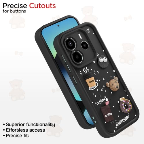 Image of Pikkme Back Cover for Redmi Note 14 5G | 3D Bear Silicone Cute & Fun Coffee Cartoon | Full Body Protection Bumper Case (Black)