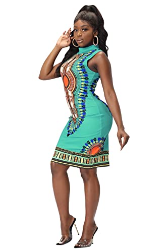 SheKiss Womens African Dashiki Skirts Sleeveless Bodycon Stretch Knee Nigerian Dress Green - Thumbnail 6
