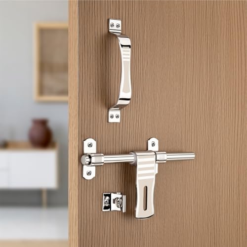 Image of COMPASS D-Cut Stainless Steel Heavy Single Door Fitting Accessories Full Set /Kit (1 Aldrop, 1 Latch, 2 Handles, 1 Tower Bolt and 1 Door Stopper | 10 inch | SS Finish
