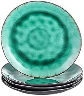 vancasso Coco 4 Pieces Dessert Plate Stoneware Vintage Look Ceramic Green Crockery 8.5 inch Dessert Plate Set Salad/Fruit/Snack Plate. (21x21x2.5 cm)