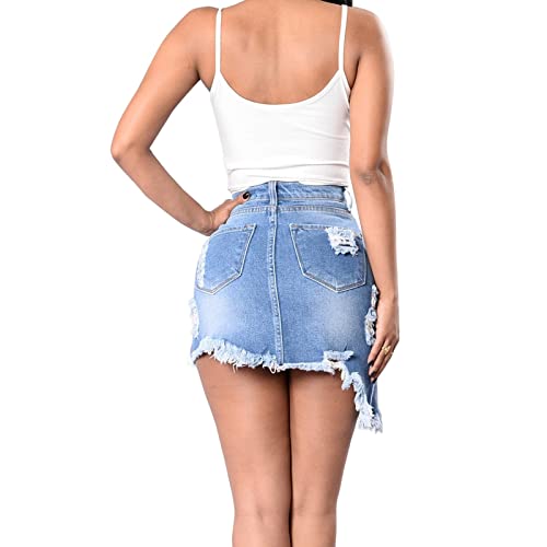 Women's Denim Skirt Women's High Waist Irregular Denim Skirt Ripped Raw Edge Summer Summer3