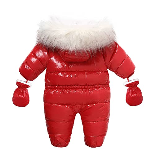 RNTOP Baby Winter Snowsuit Fleece Lined Warm Coat Infant Boys Girls Footie Snow Suit Furry Hoodie (Red, 12-18 Months)