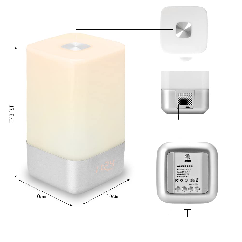 Fdit 5 Sonidos Despertar Luz Alarm Reloj Amanecer Simulation Lámpara de Noche con Naturales