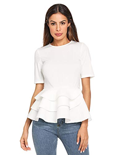 Romwe Women s Vintage Layered Ruffle Hem Slim Fit Round Neck Peplum Blouse White XXL