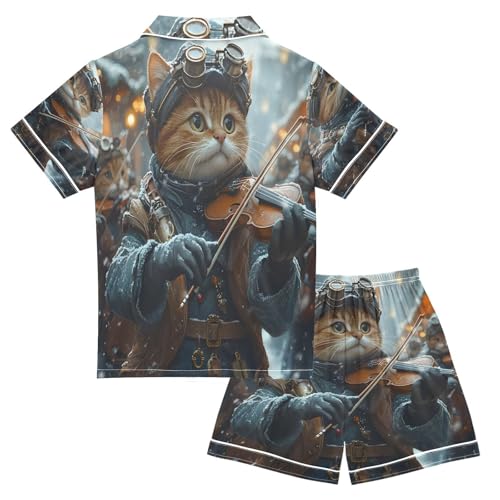 ALAZA Cat Violin Music Satin Pajamas Set Short Sleeve Button Down Sleepwear Summer Pjs 2 Piece2