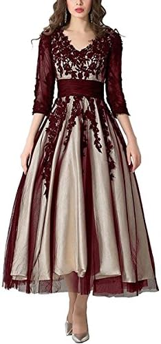 FNKS CRAFT Women's Tulle Prom Evening Dress Lace Tea-Length Ball Gowns Wedding Dress Burgundy US6