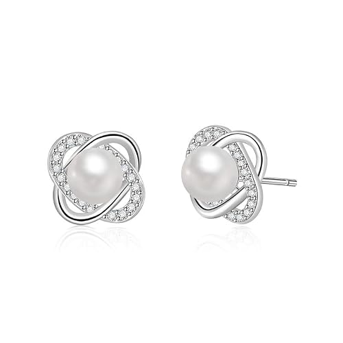 Image of QUKE Stud Earrings for Women Simulated Pearl Cubic Zirconia Crystal Pierced Earrings Silver Plated