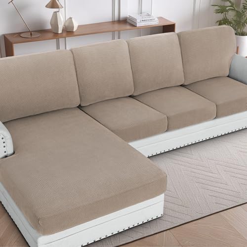 H.VERSAILTEX Sectional Couch Covers 4 Pieces Sofa Seat Cushion Covers L Shape Separate Cushion Couch Chaise Cover for Both Left/Right Sectional Couch (Seat Only: 1 Chaise + 3 Sofa, Sand)