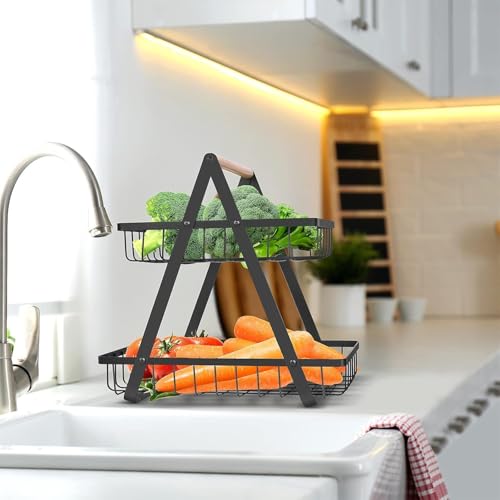 Image of Go Hooked 2-Tier Storage Basket | Multifunctional Metal Fruit Basket for Display Table, Dining Table, Room Desk (Black)