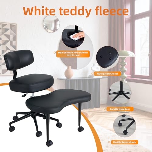 Image of DUMOS Ergonomic ADHD Cross Legged Office Desk Chair with Adjustable Backrest, Height Adjustbale Meditation Chair with 360 Swivel Footstool, PU Leather Yoga Stool for Home Office, Black