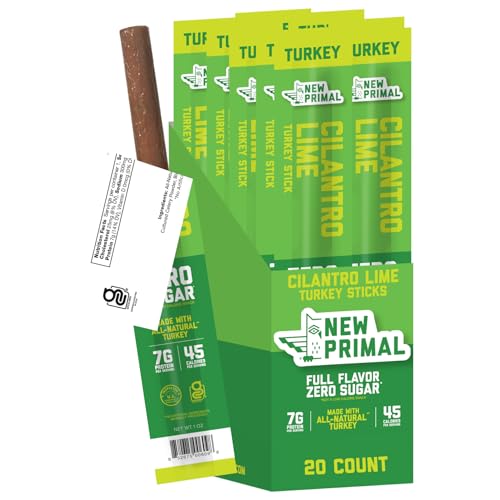 New Primal Cilantro Lime Turkey Sticks, Keto, Gluten Free Healthy Snacks for Adults, Sugar Free Low Carb High Protein, Paleo Whole30 Jerky Meat Stick, 7g Protein, 45 Calories, 1oz (Pack of 20)