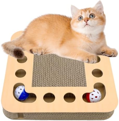 Katzenspielzeug, 2 in 1 Kratzpappe für Katzen mit Klingelball, Interaktives Fummelbrett für selbstbeschäftigung, Stabile Kratzmatte aus Wellpappe