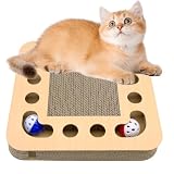 Griffoir en Carton Ondulé pour Chat avec Boules à Facettes - 3 en 1 Jouet Interactif, Tapis à Griffer avec Accessoires (Carré)