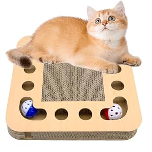 Katzenspielzeug, 2 in 1 Kratzpappe für Katzen mit Klingelball, Interaktives Fummelbrett für selbstbeschäftigung, Stabile Kratzmatte aus Wellpappe