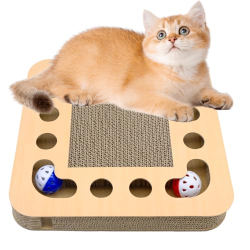 Tiragraffi per Gatti in Cartone Ondulato 3 in 1 con Palline a Campana, Tappetino Giocattolo Interattivo e Accessori (Quadrato)