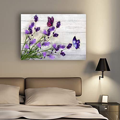 Purple Flower Pictures Wall Art Canvas Prints Bathroom Decor Floral With Butterfly Paintings For Living Room Bedroom Office Home Kitchen Decorations Natural Artwork 20X28 Wooden Frames Easy Hanging #TOP29