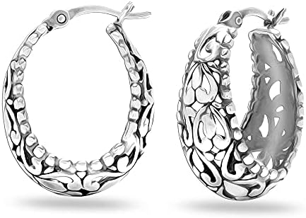 LeCalla Sterling Silver Jewelry Floral Filigree Light-Weight Oval Hoop Earrings for Women Girls