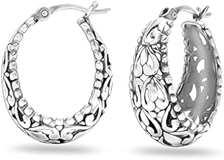 LeCalla Sterling Silver Jewelry Floral Filigree Light-Weight Oval Hoop Earrings for Women Girls