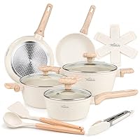 La Moustache - Batteria da Cucina in Alluminio con Antiaderente【14 Pezzi】Spatola, Mestolo, Pinze, Protezioni, 3 Pentole (Ø16/20/24cm), 3 Coperchi e 2 Padelle (Ø20/24cm) per Tutte le Cucine (Latte)