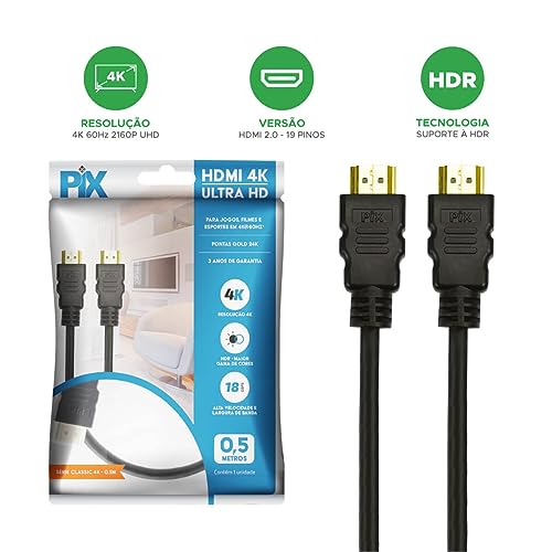 PIX Cabo Hdmi 2.0 4K Hdr 19P 0.5M Pix Gold, Preto