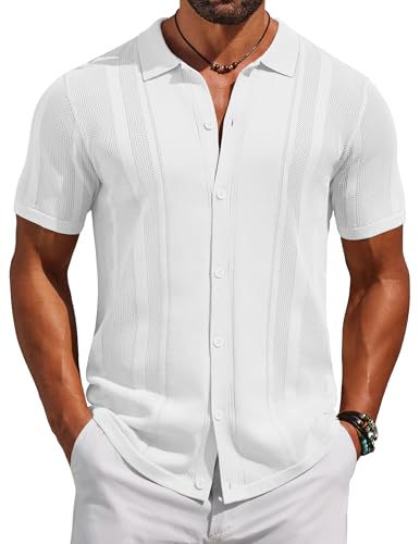 COOFANDY Men's Knit Shirts Short Sleeve Button Down Polo Shirt Vintage Casual Beach Shirt Summer Tops