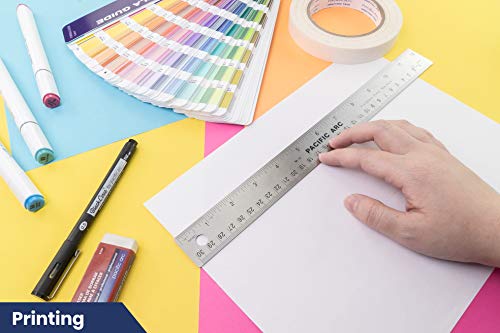 Pacific Arc Stainless Steel 12 Inch Metal Ruler Non-Slip Cork Back, with Inch and Metric Graduations