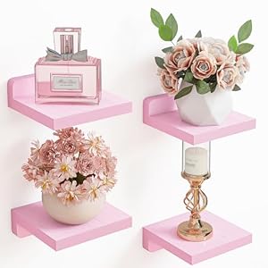 Fixwal Small Floating Shelves, 5×5 Inches Wall Shelf Set of 4, Rustic Wood Small Wall Mounted Shelves for Bedroom, Living Room, Kitchen, Bathroom Decor (Pink)