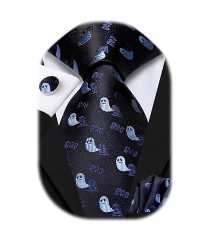 Hi-Tie Silk Ghost Ties for Men Blue Designer Dress Tie Necktie Pocket Square Cuff-links Sets Holiday Festival