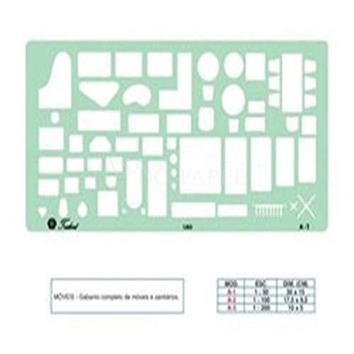 Gabarito Completo de Móveis e Sanitários, A-1, Trident, Acrílico Azulado, 30 x 15 cm