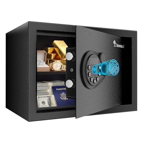 Bonsaii 0.6 Cubic Fingerprint Safe Box Biometric Security Safe with Electronic Keypad & Removable Shelf for Valuables Jewelry Documents Home Office Hotel Use 9.84 x 13.78 x 9.84 SF002