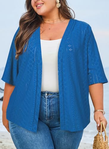 Image of Eytino Plus Size Cardigan for Women Half Sleeve Knitted Jacquard Summer Kimono Cover up Tops(1X-5X)