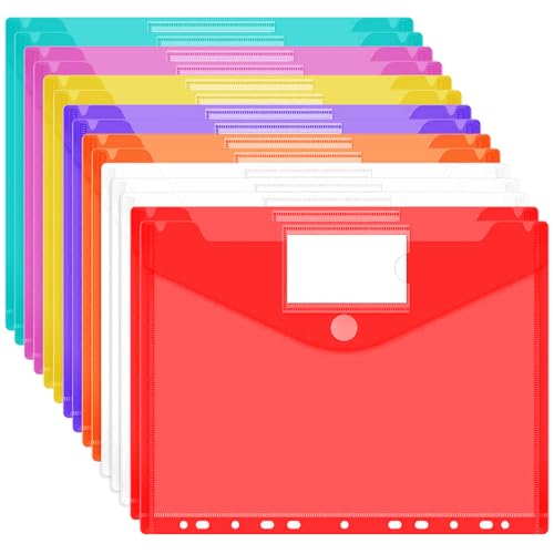 Wosyoodo 15 Pochettes Pochette Porte-Documents A4 en PP Épais 11 Trous 7 Couleurs avec Pochette Étiquette Résistantes Étanche pour Archivage Organisation Scolaire Bureau