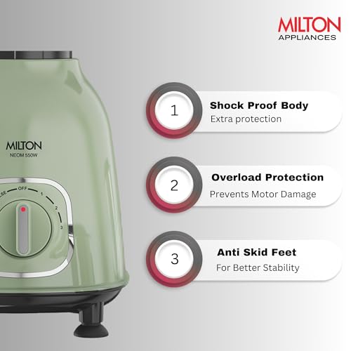 Image of Milton Neom Mixer Grinder, ISI Certified, Grindstone Blade Technology, 4 Jar, 550 W (21000 RPM), 5 yr motor warranty, 2 yr product warranty I Pale Green