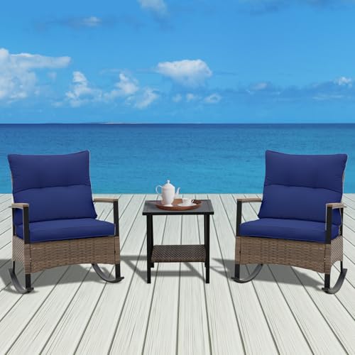COOS BAY Sunset Haven 3 Piece Outdoor Patio Furniture Set, Rocking Chairs with Side Table, Wicker Patio Bistro Set, Brown/Blue