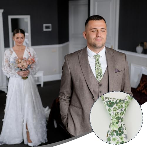 Image of Luckyvestir Ties for Men, Sage Green Cotton Floral Tie 2.76 inch Flower Printed Men's Neckties for Wedding /Groomsmen /Suit /Party