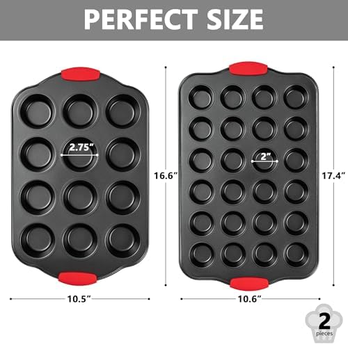 Tiawudi Muffin Pan, Nonstick Cupcake Pan Set, 2 Pack Heavy Duty Muffin Tins for Baking, 12-Cup Regular and 24-Cup Mini Bareware Tray with Silicone Grip Handles - Thumbnail 5
