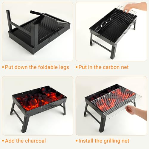Grill - Camping Grill & Kohlegrill, Edelstahl, tragbar, langlebig, hitzebeständig und rostfrei, ideal für Garten, Balkon, Terrasse, Camping, Picknick und Outdoor-Gartenpartys (S (35 x 27 x 20 cm)) – Bild 4