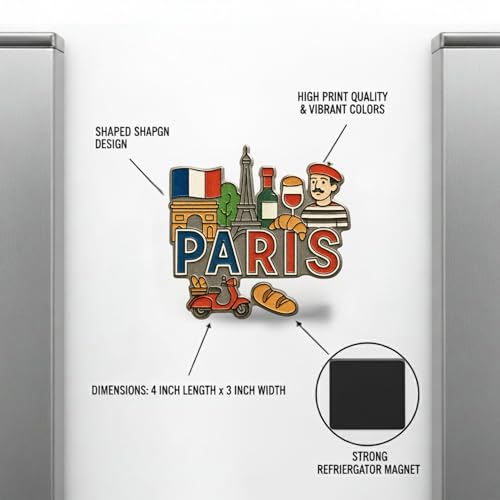 Image of Souvenir Fridge Magnet | 4x3 Inch Collectible Travel Decor | Strong & Durable Refrigerator Magnet with Iconic Landmarks for Travelers (Paris)
