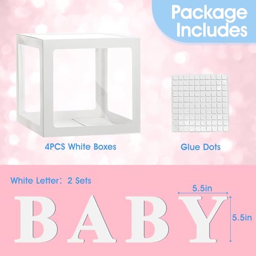 Image of Ledido Baby Boxes with Letters for Baby Shower Decorations, 4 pcs Clear Balloon Boxes with Letters for Boys Girls Gender Reveal Decorations Birthday Wedding Backdrop Party (White)