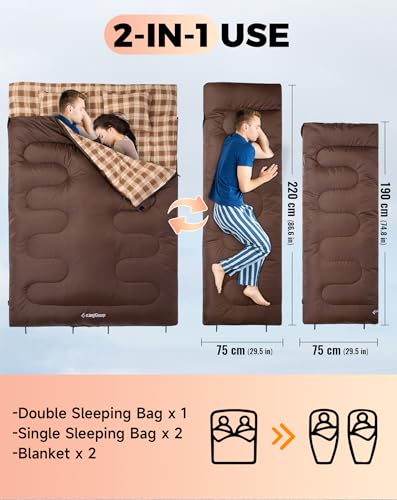 Image of KingCamp Double Sleeping Bag for Adults, Queen Size 2 Person XXL Flannel Sleeping Bag, Waterproof Lightweight Flannel Quilt with 2 Pillows, Perfect for Couples Family Camping Hiking
