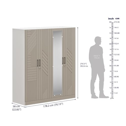 Image of Wakefit Tyrian Plus 4 Door with 4 Shelves 2 Drawers 2 Hanging Areas 1 Mirror SH2-Carcass: Pumic Grey Shutter: Creamy Brown