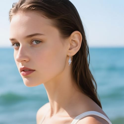 YFN Checkered Flag Earrings Sterling Silver Lightning Bolt Racing Flag Dangle Drop Earrings Black and White Race Car Jewelry for Women Racer Gifts2