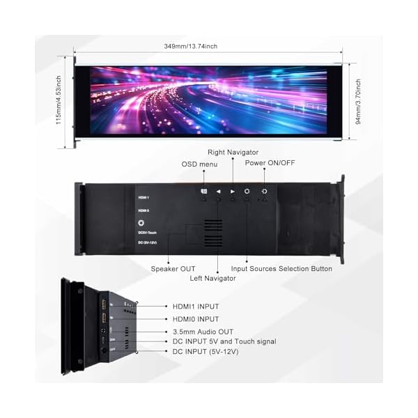 GeeekPi 12.6 Inch IPS LCD Touch Screen Monitor FHD 1920x515 Display, Fit for DIY Y60 PC Case CPU GPU Secondary Monitor Panel, Built-in Dual Speakers, Plug & Play,with up to 10-Points of Multi-Touch - Image 3