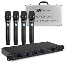 Professional UHF wireless microphone system with 100 selectable channels ensures interference-free audio, ideal for performances, presentations, and multi-speaker events. Four handheld wireless microphones with built-in USB charging offer convenience...