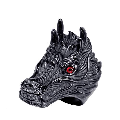 PAURO Hombre Vendimia Dragon de Acero Inoxidable con Ojos Rojos Anillo de Motorista Negro Tamaño 17
